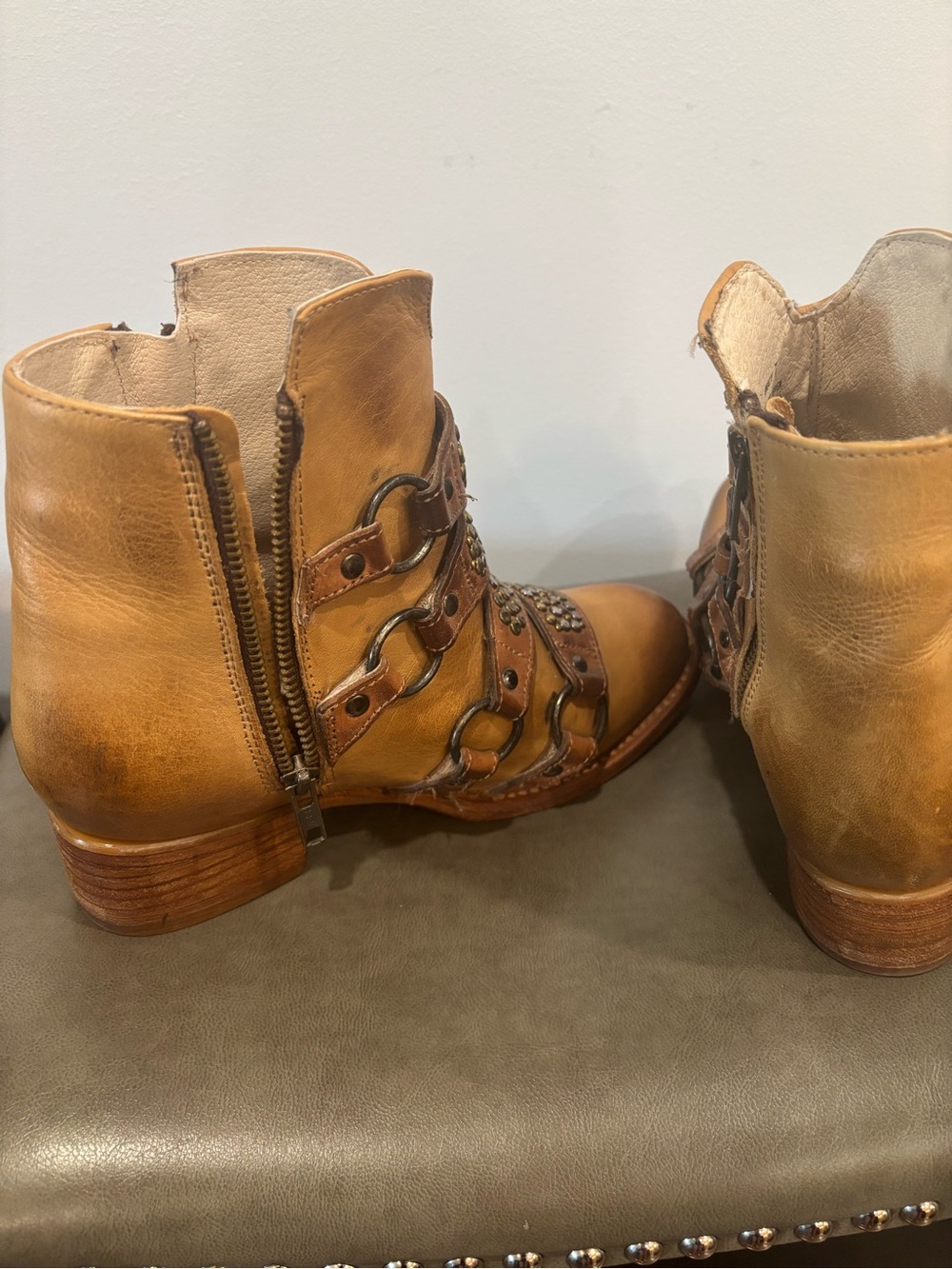 Freebird by Steven Cognac Leather Studded Buckle Ankle Boots - Picture 5 of 8